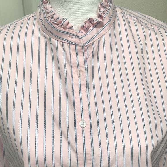 LAND’S END Pink and Blue Stripe Ruffled Oxford Button Down Blouse 10 - Picture 3 of 5